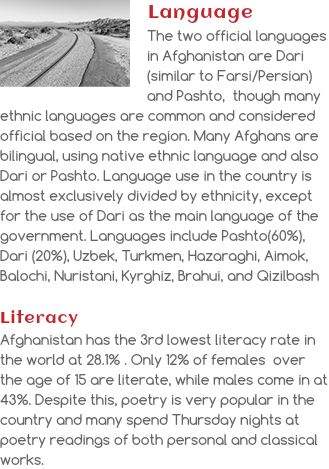 ﷯Language
The two official languages in Afghanistan are Dari (similar to Farsi/Persian) and Pashto, though many ethnic languages are common and considered official based on the region. Many Afghans are bilingual, using native ethnic language and also Dari or Pashto. Language use in the country is almost exclusively divided by ethnicity, except for the use of Dari as the main language of the government. Languages include Pashto(60%), Dari (20%), Uzbek, Turkmen, Hazaraghi, Aimok, Balochi, Nuristani, Kyrghiz, Brahui, and Qizilbash Literacy
Afghanistan has the 3rd lowest literacy rate in the world at 28.1% . Only 12% of females over the age of 15 are literate, while males come in at 43%. Despite this, poetry is very popular in the country and many spend Thursday nights at poetry readings of both personal and classical works.